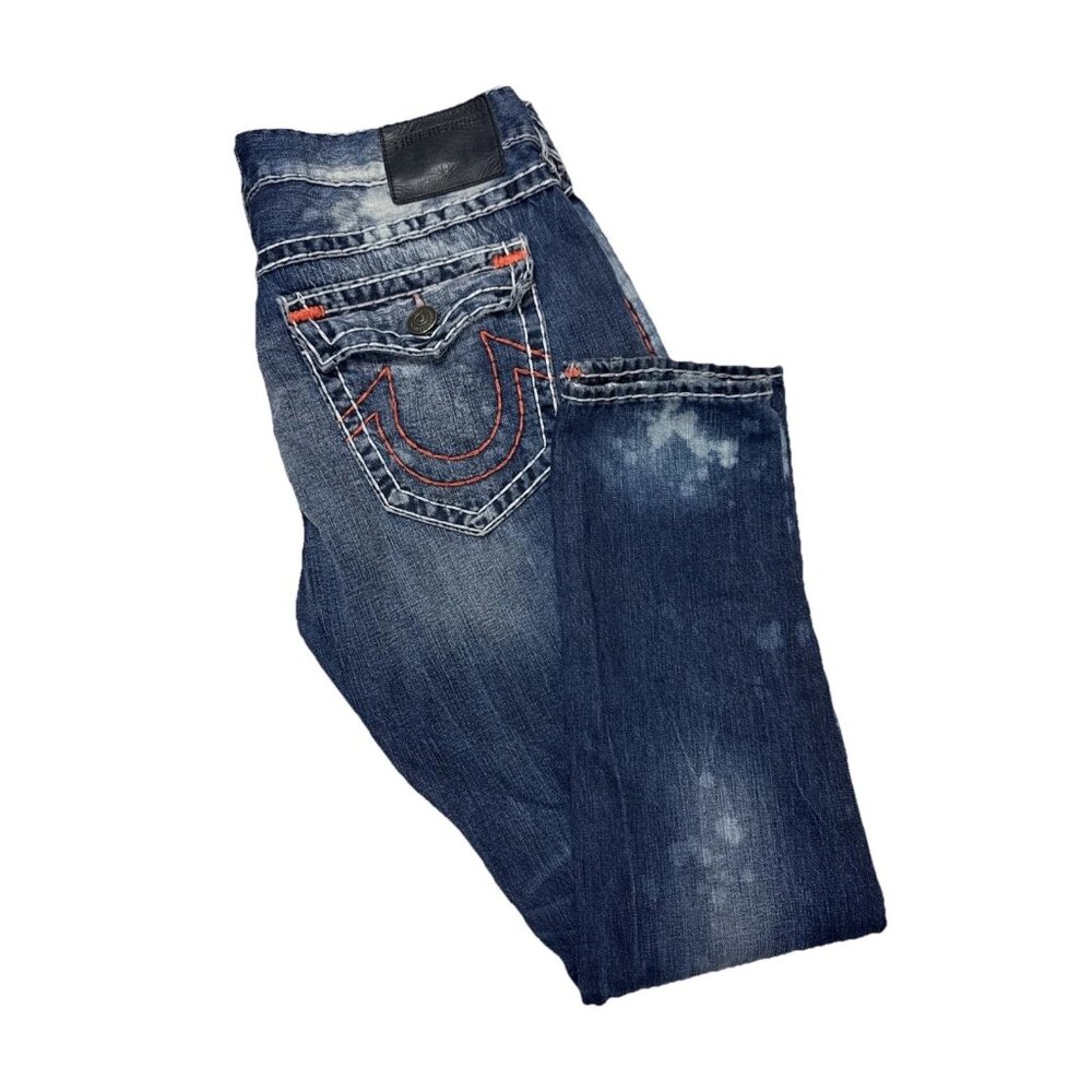 True Religion Ricky Relaxed Straight Jeans 38x32 Made USA Distressed‎ Flap